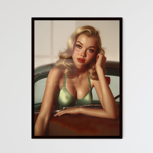 The vintage pin up girl leaning on a car - Art print of a woman in a green swimsuit leaning on a car Default Title