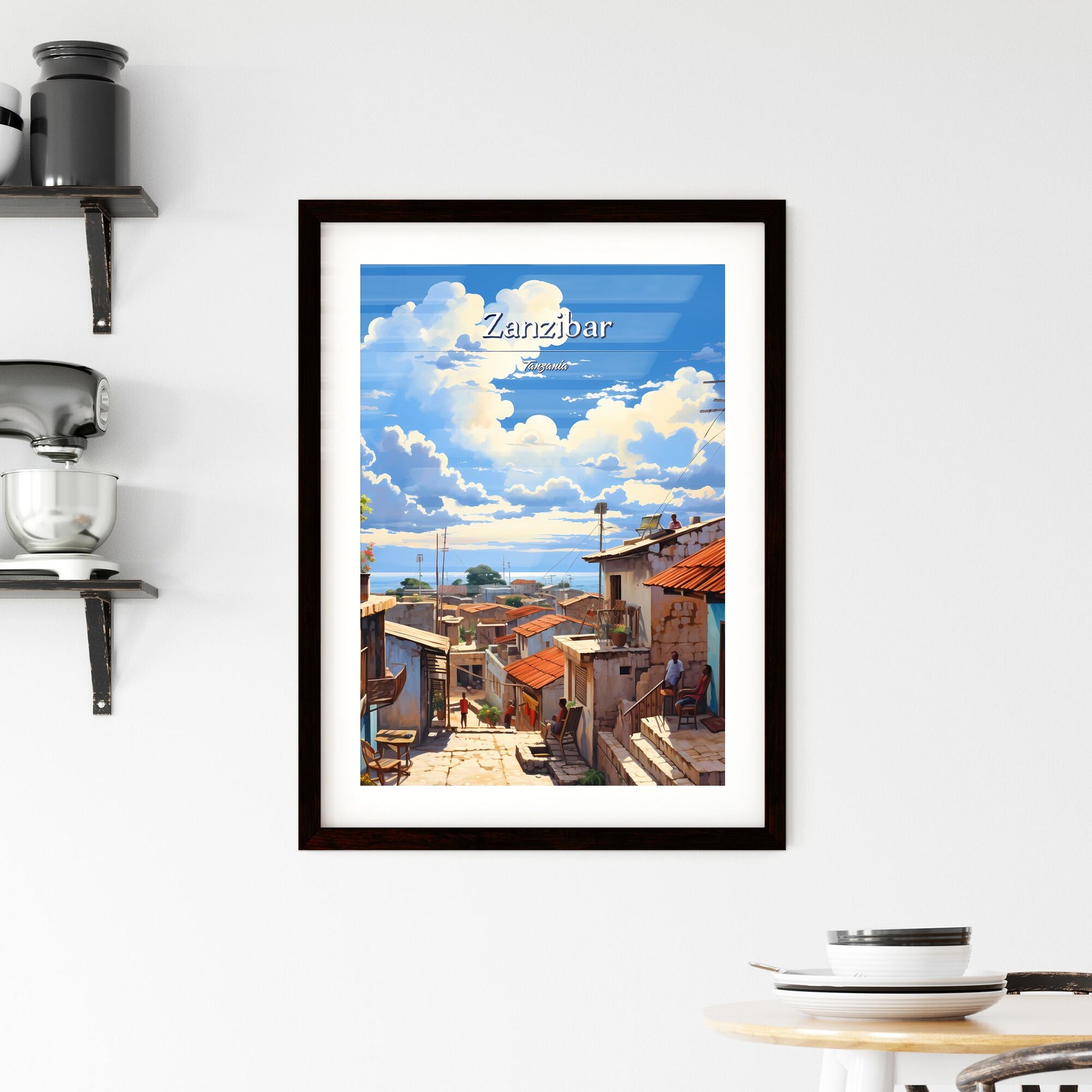 On the roofs of Zanzibar, Tanzania - Art print of a street with buildings and people on the stairs Default Title