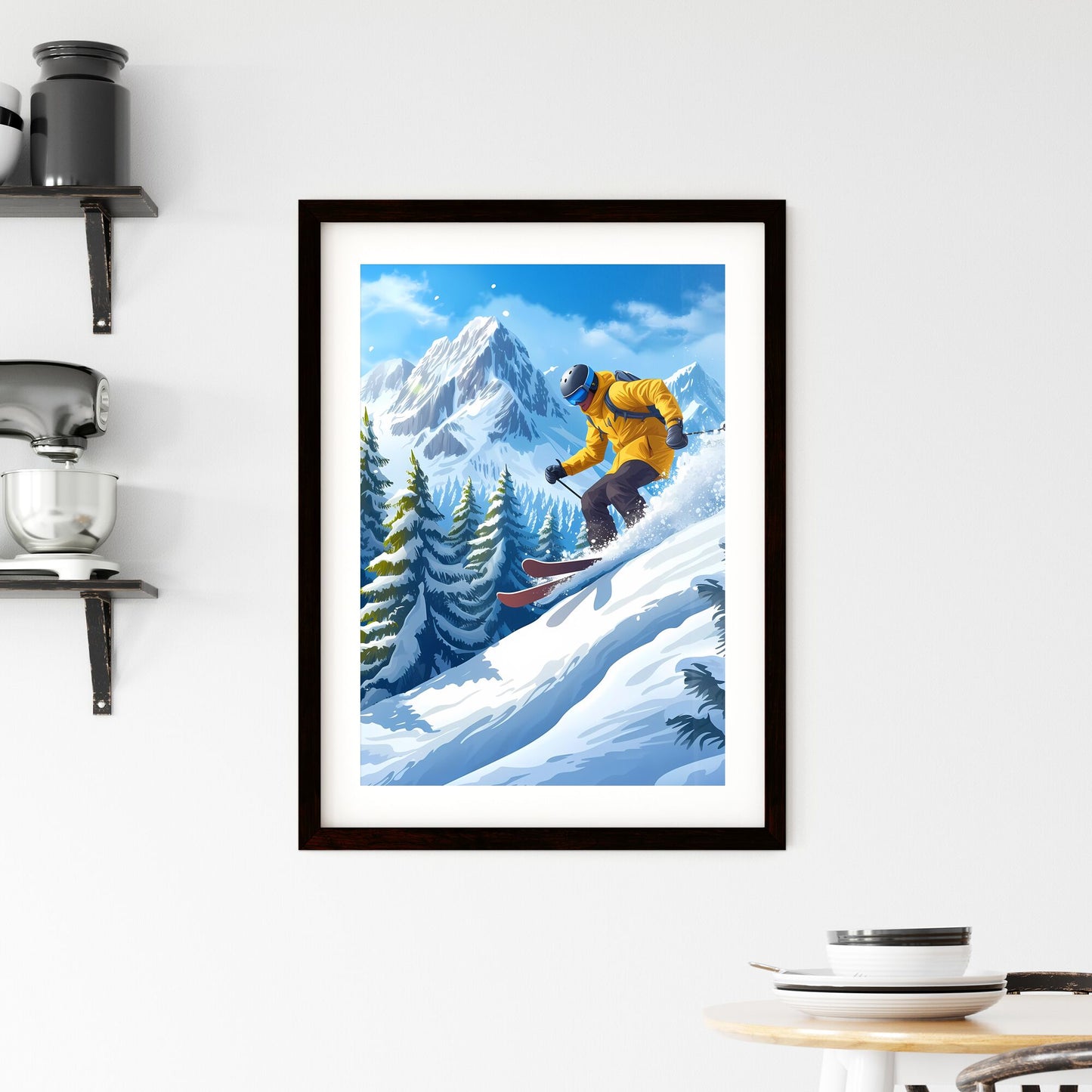A skier wears snowboard gear and slides down a steep hill with snow - Art print of a person skiing down a snowy mountain Default Title