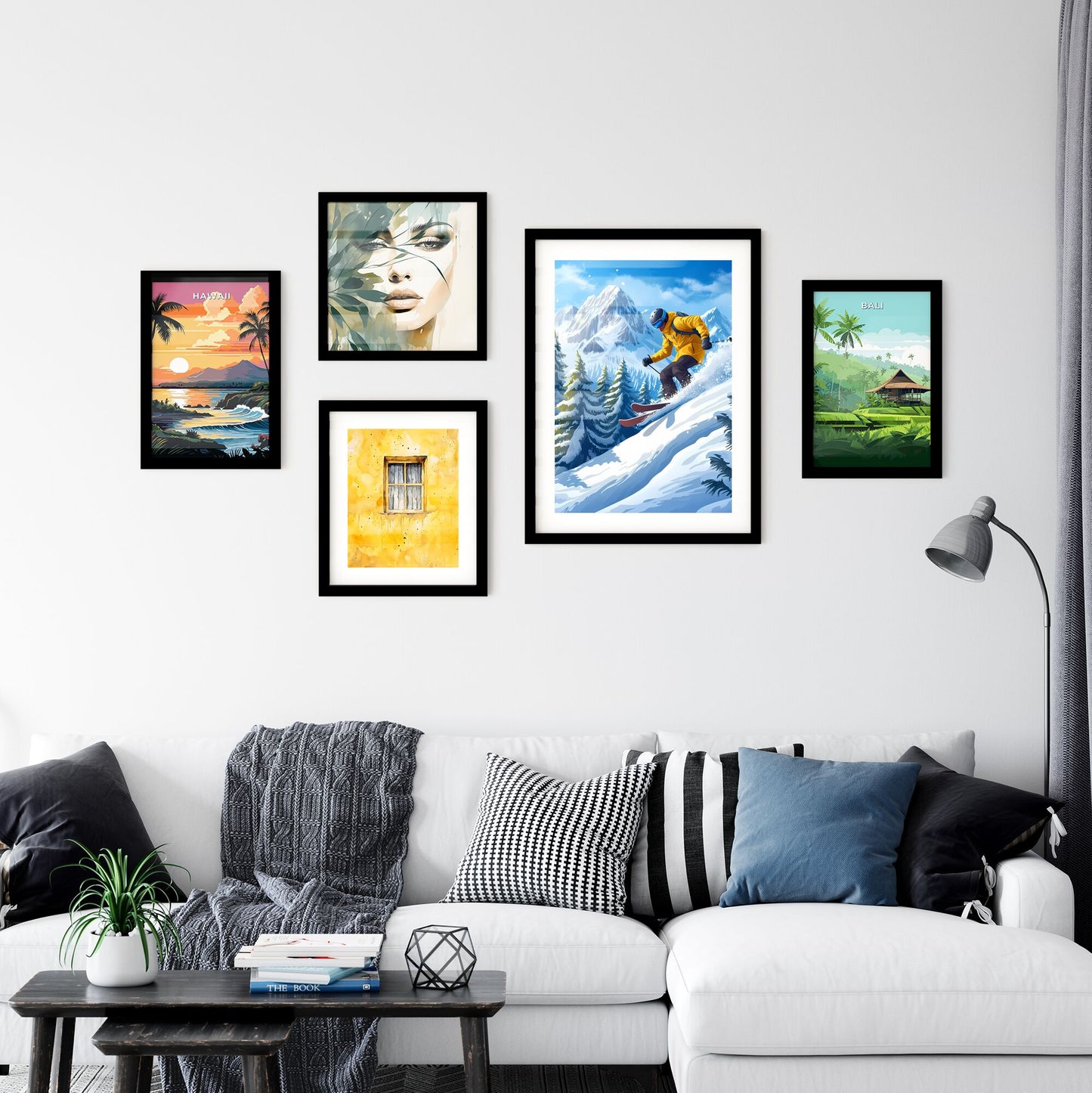 A skier wears snowboard gear and slides down a steep hill with snow - Art print of a person skiing down a snowy mountain Default Title