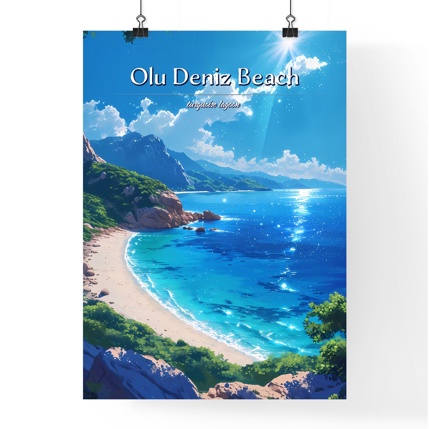 Olu Deniz Beach - Art print of a beach with trees and blue water Default Title