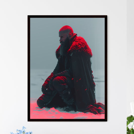 Trapped underneath a frozen lake - Art print of a man in a black coat with a beard and a red light Default Title