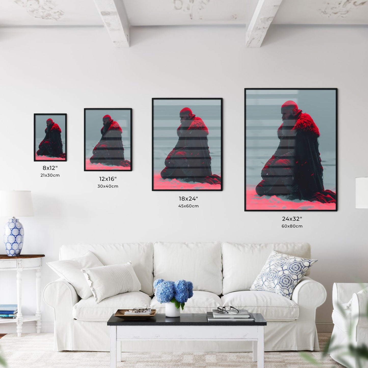 Trapped underneath a frozen lake - Art print of a man in a black coat with a beard and a red light Default Title