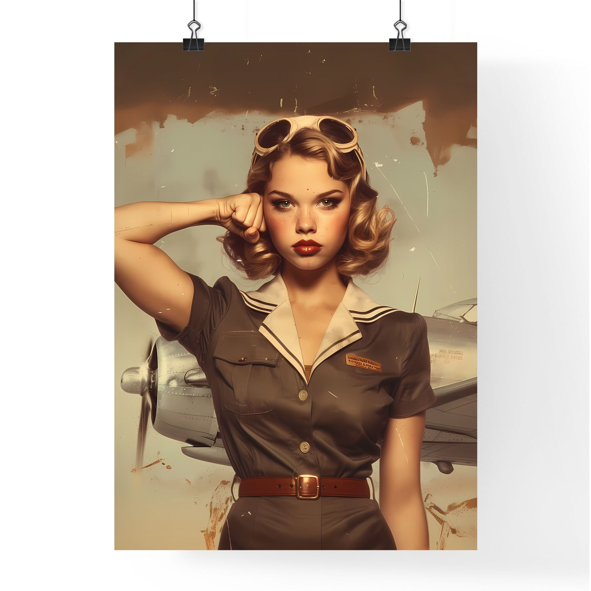 You can do it woman, vintage artwork, flexing bicep, wearing flight attendant uniform, making a serious face - Art print of a woman in uniform with goggles on her head Default Title
