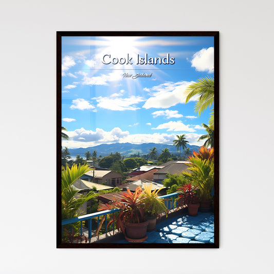 On the roofs of Cook Islands, New Zealand - Art print of a balcony with palm trees and a blue railing Default Title