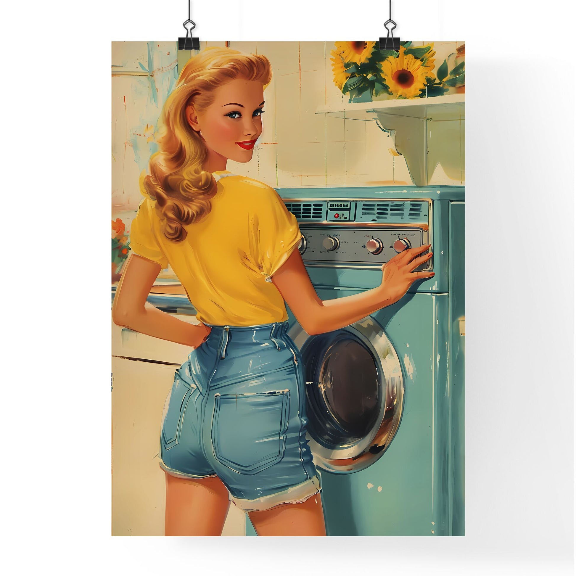 Pin up artwork for detergent ad - Art print of a woman standing next to a washing machine Default Title