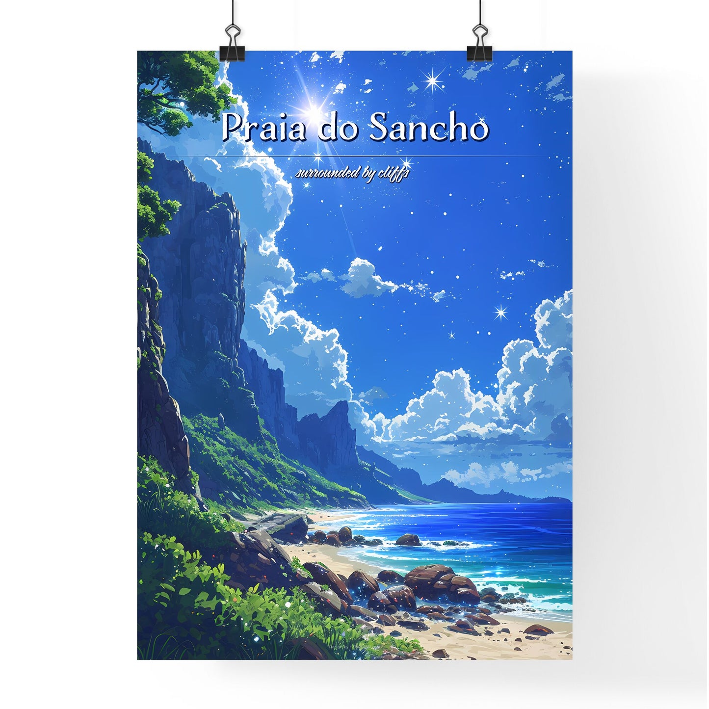 Praia do Sancho Beach - Art print of a beach with rocks and a body of water and a bright star Default Title