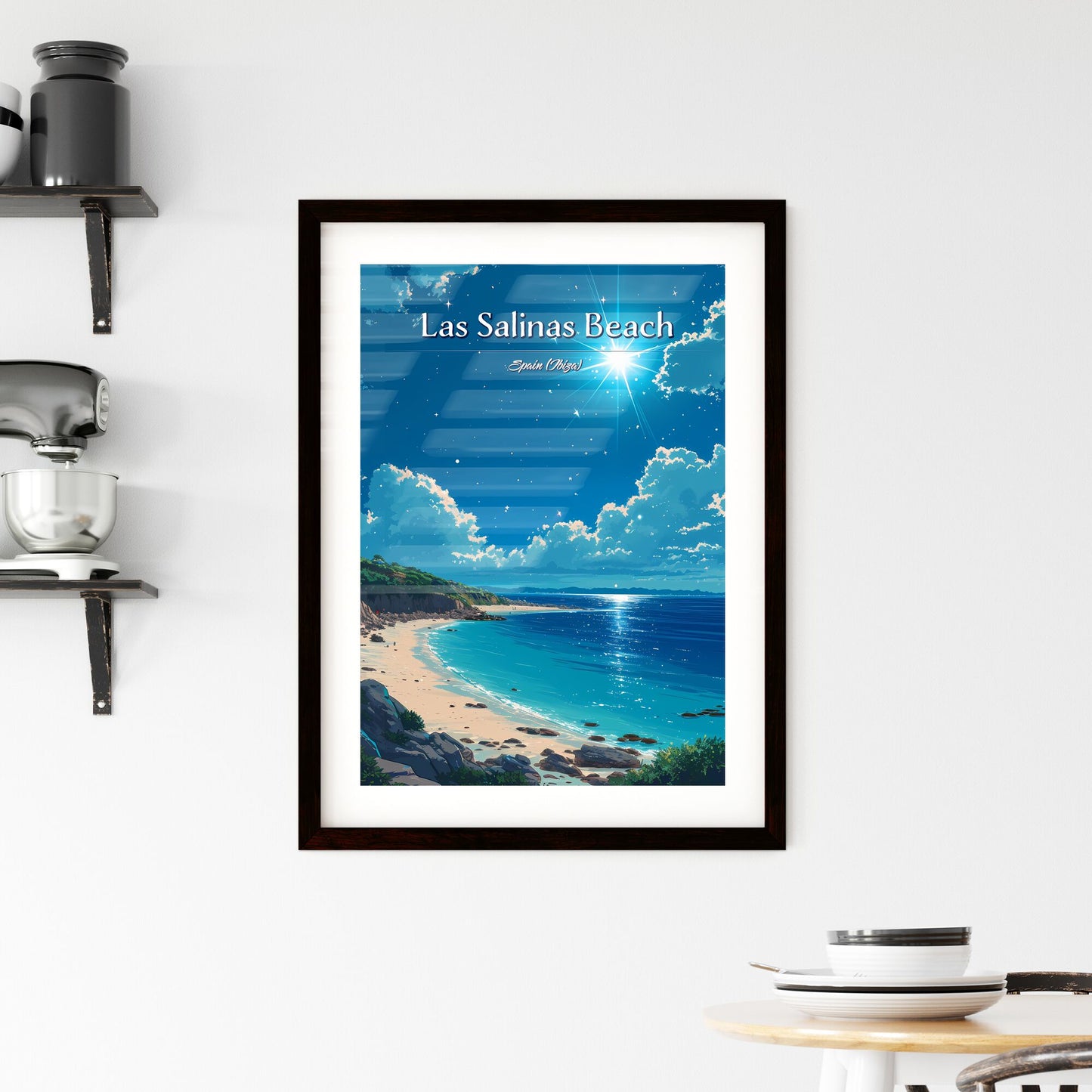 Las Salinas Beach, Spain (Ibiza) - Art print of a beach with rocks and a sandy beach with a blue sky and clouds Default Title