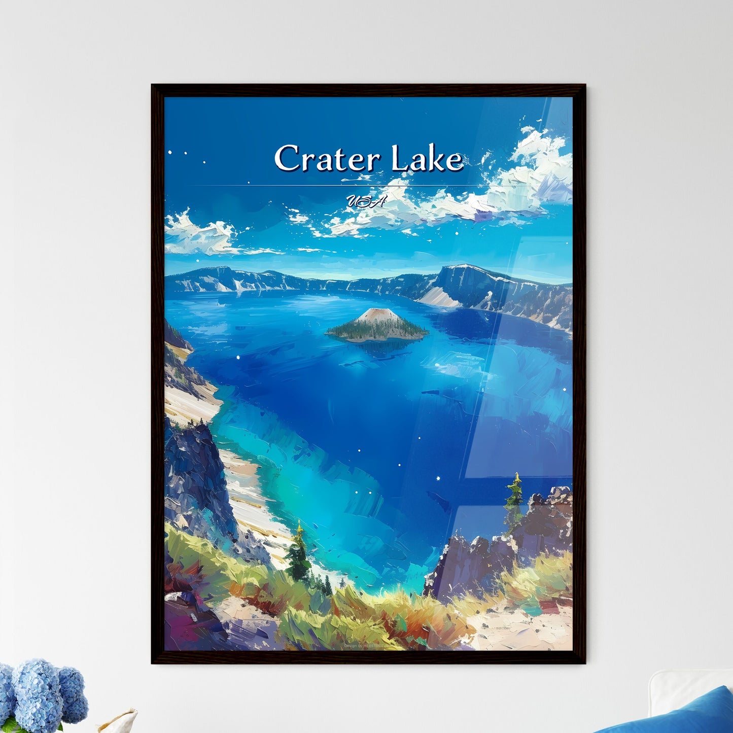 Crater Lake, USA - Art print of a large body of water with a small island in the middle Default Title