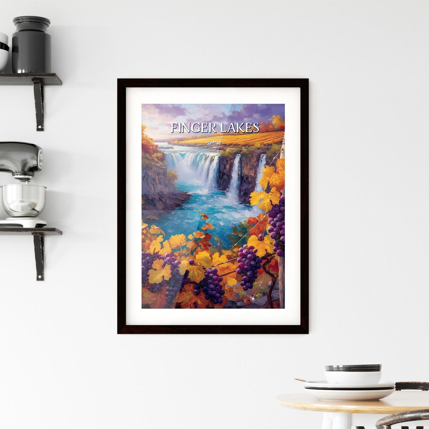Finger Lakes, USA - Art print of a painting of a waterfall and grapes Default Title