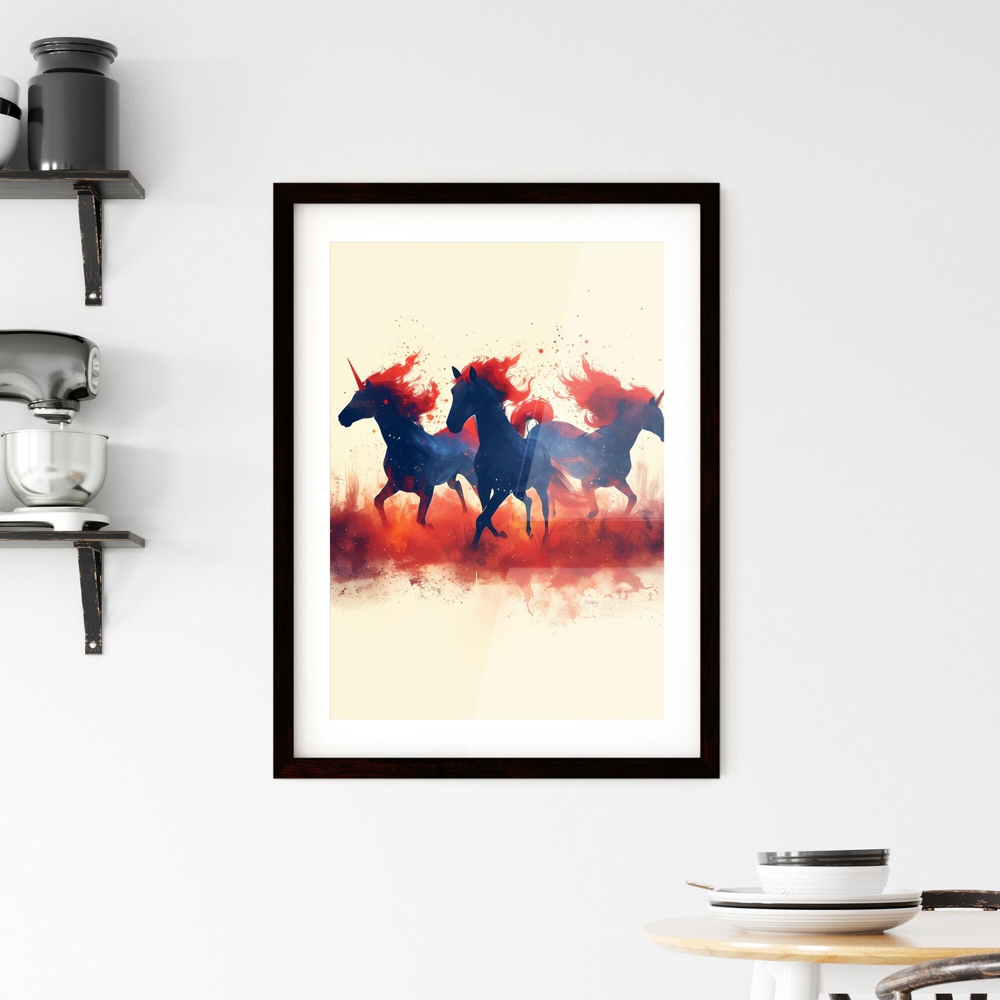 With the text Happy Birthday in whimsical script font - Art print of a group of horses running with red manes Default Title