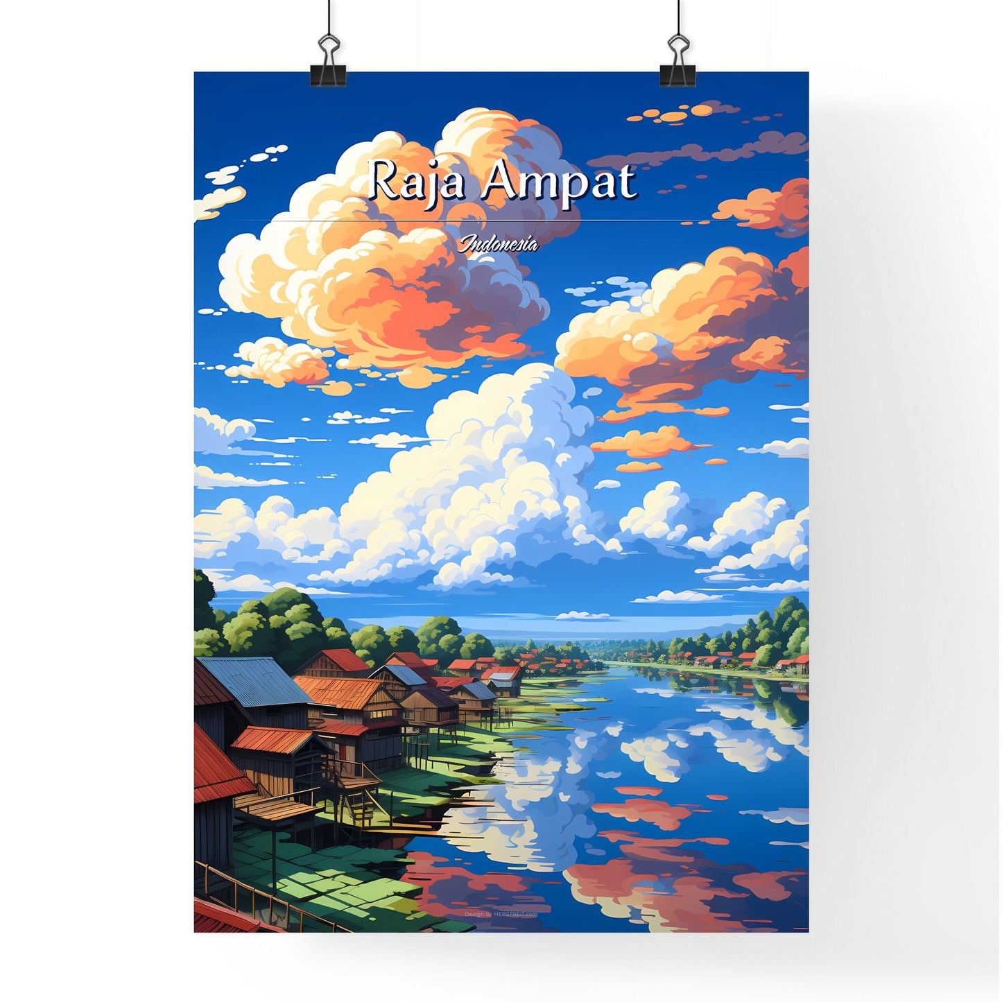 On the roofs of Raja Ampat, Indonesia - Art print of a group of houses on stilts by a river Default Title