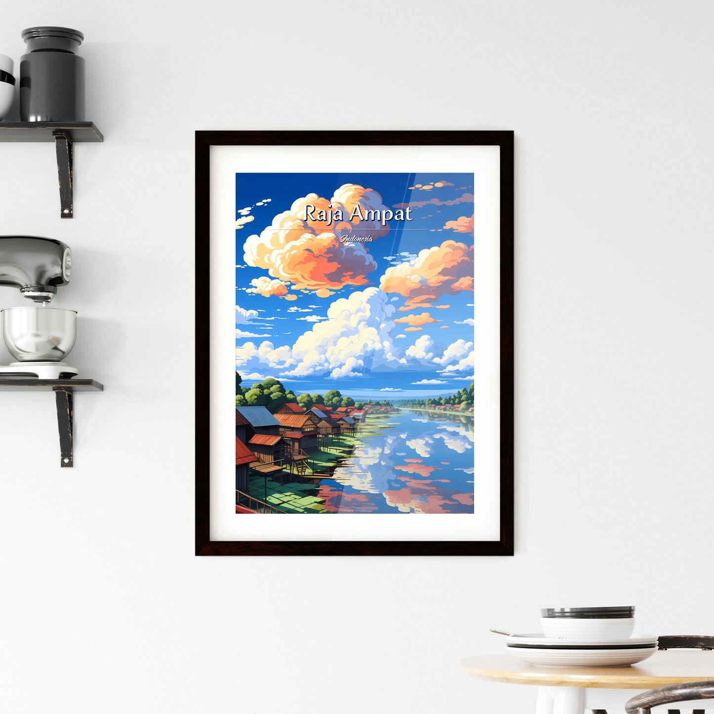 On the roofs of Raja Ampat, Indonesia - Art print of a group of houses on stilts by a river Default Title