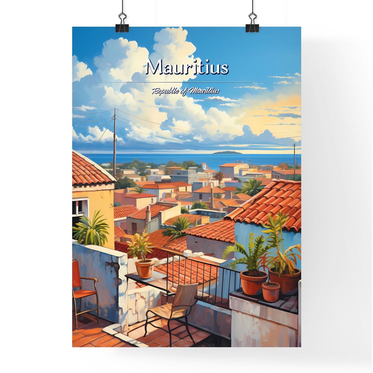On the roofs of Mauritius, Republic of Mauritius - Art print of a rooftops of a town with plants and a body of water Default Title