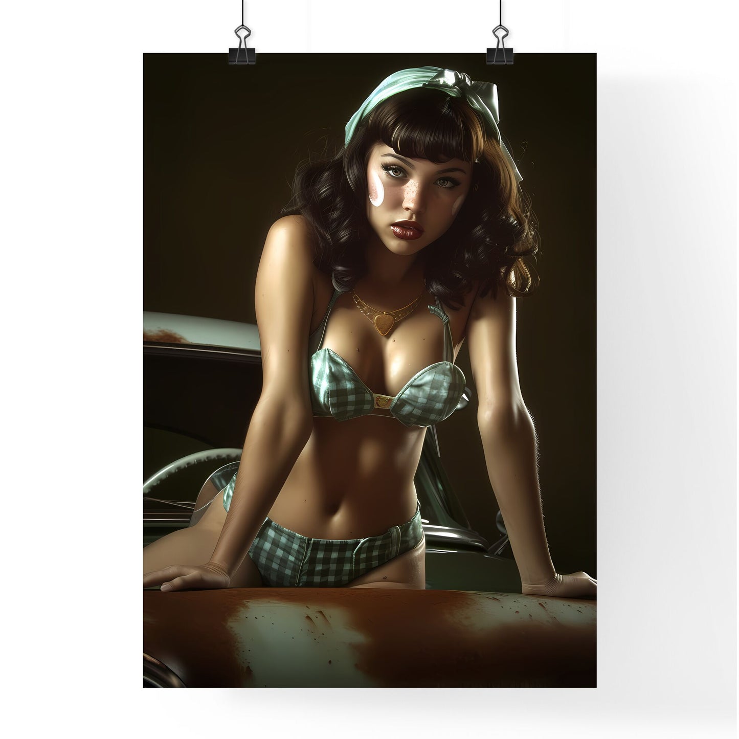 The vintage pin up girl leaning on a car - Art print of a landscape with a road and houses by the water Default Title