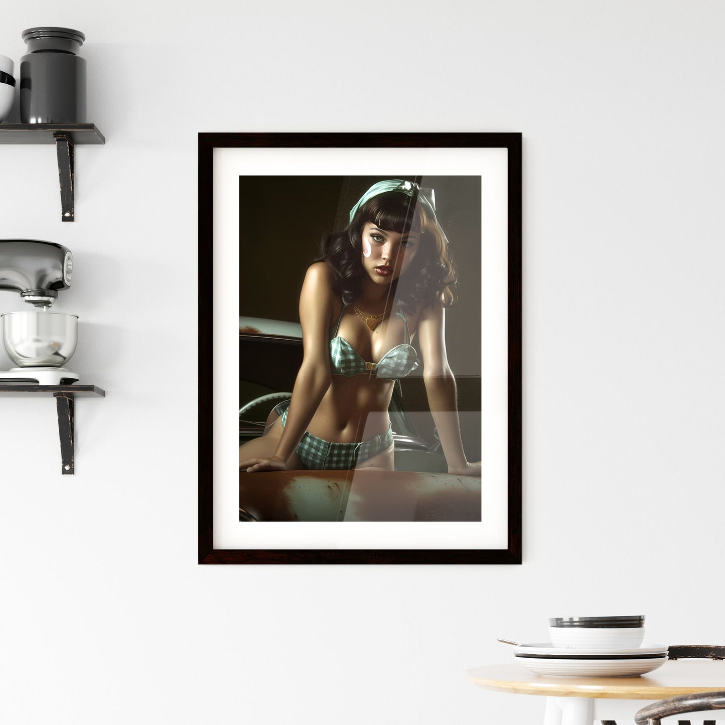 The vintage pin up girl leaning on a car - Art print of a landscape with a road and houses by the water Default Title