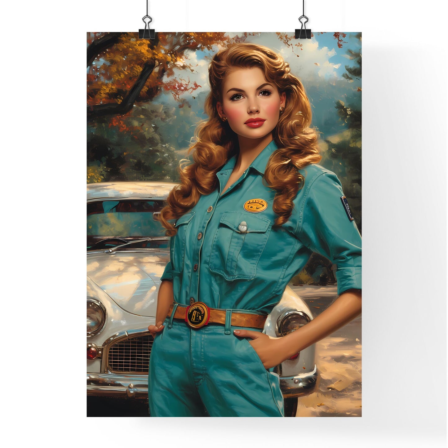 Full body shot pin up garage worker girl - Art print of a woman lying on a bed Default Title