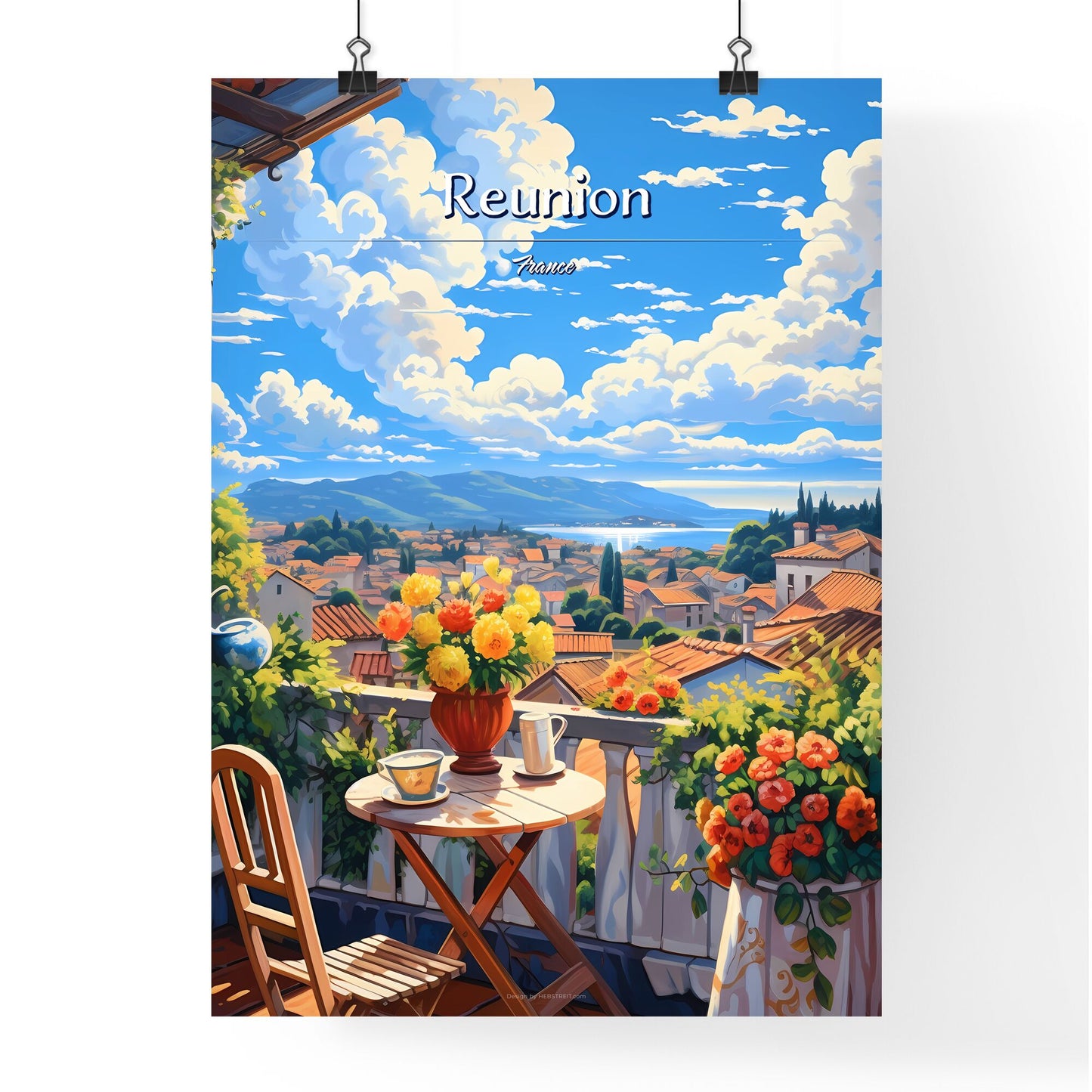 On the roofs of Reunion, France - Art print of a street with colorful buildings and cars Default Title