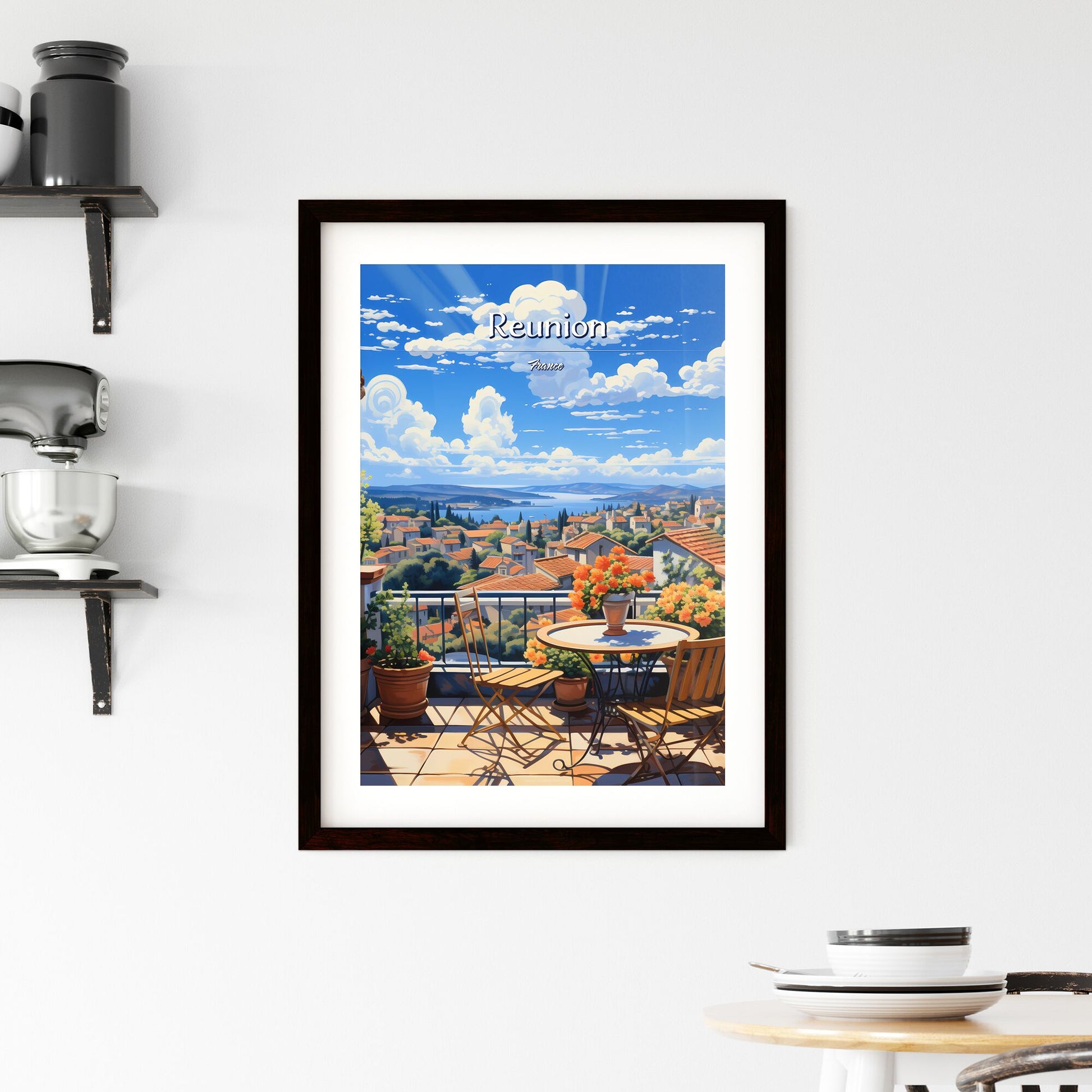 On the roofs of Reunion, France - Art print of a wooden table in front of a kitchen Default Title