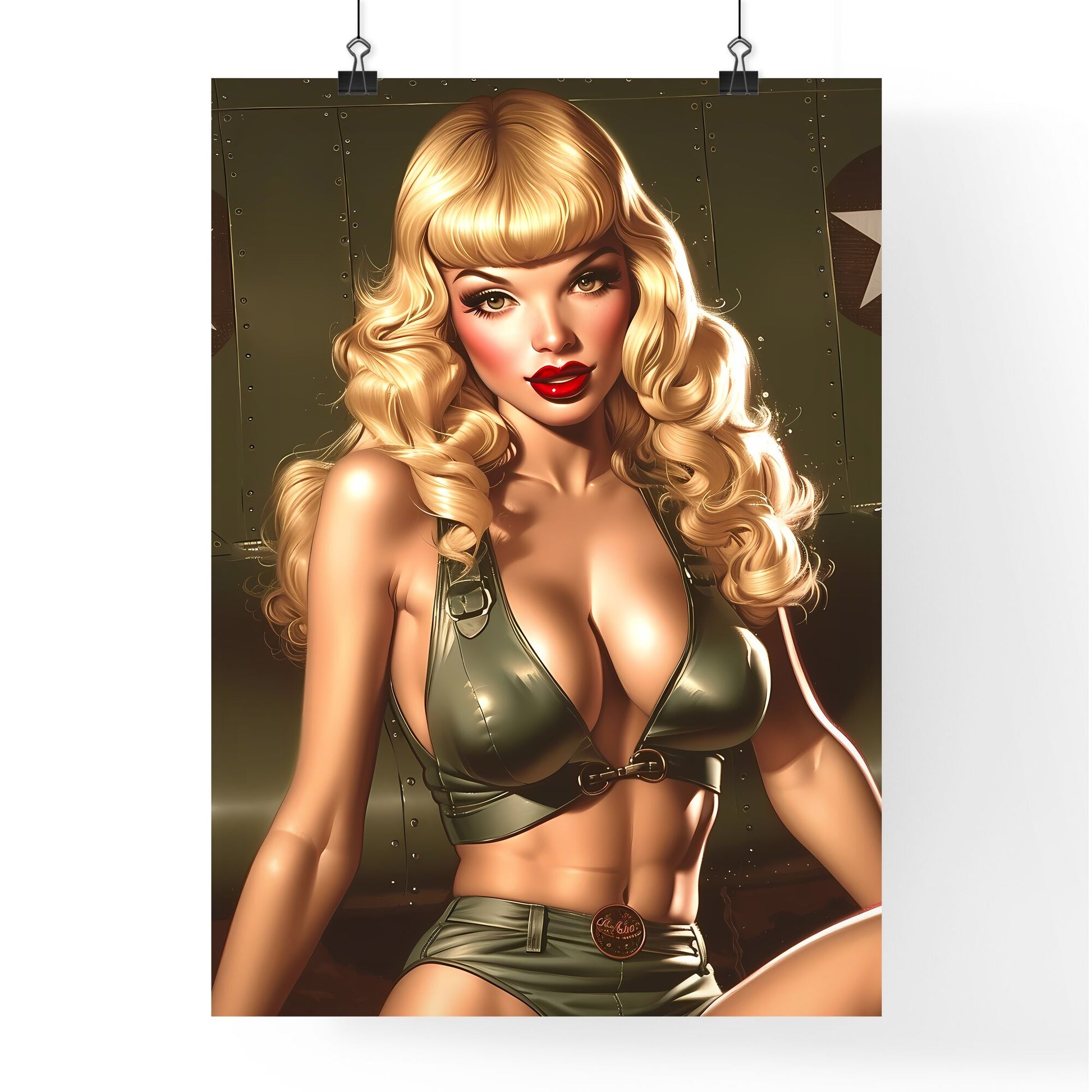 1950's pin up, has blond hair, red lipstick - Art print of a street with colorful buildings and people on it Default Title