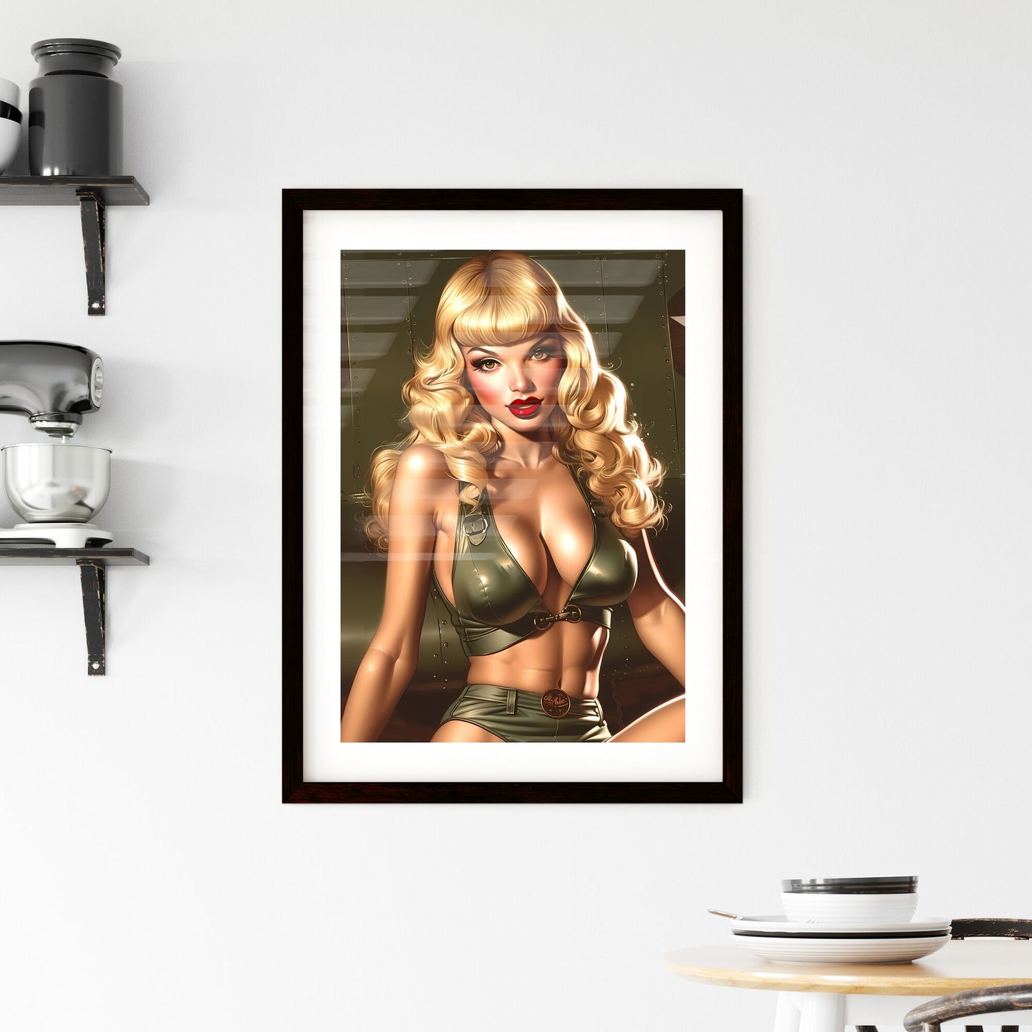1950's pin up, has blond hair, red lipstick - Art print of a street with colorful buildings and people on it Default Title