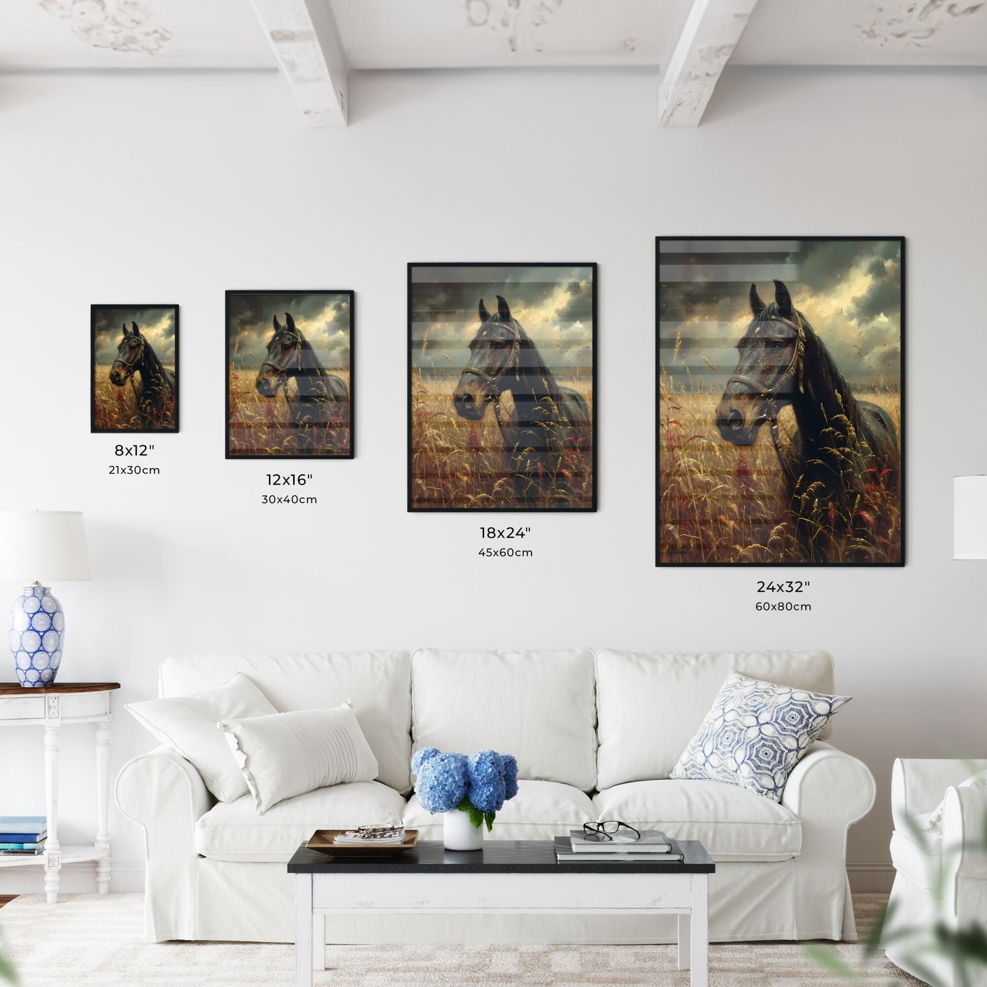 A vintage painting featuring a wild black horse - Art print of a blue water with a sandy beach and blue sky Default Title