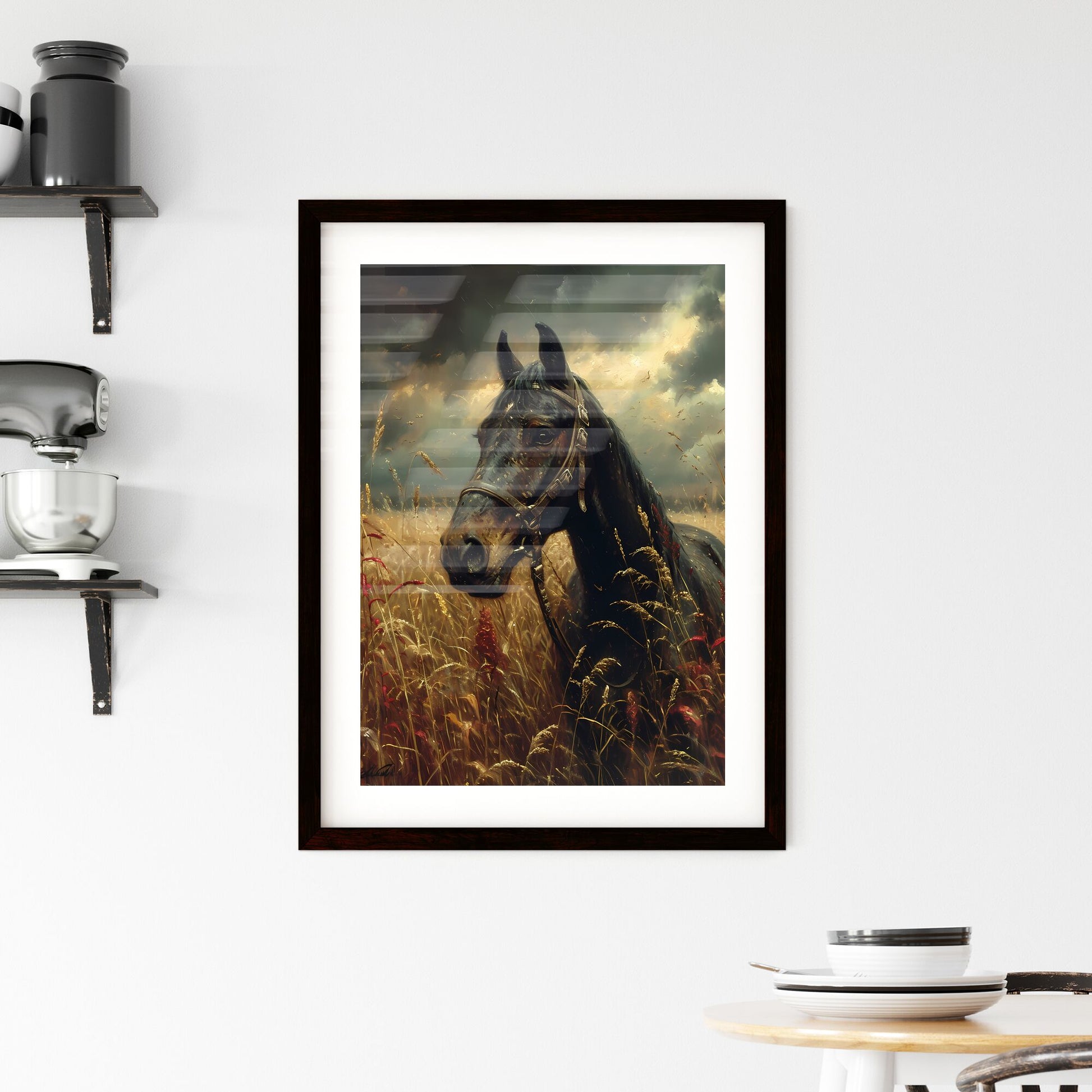 A vintage painting featuring a wild black horse - Art print of a blue water with a sandy beach and blue sky Default Title