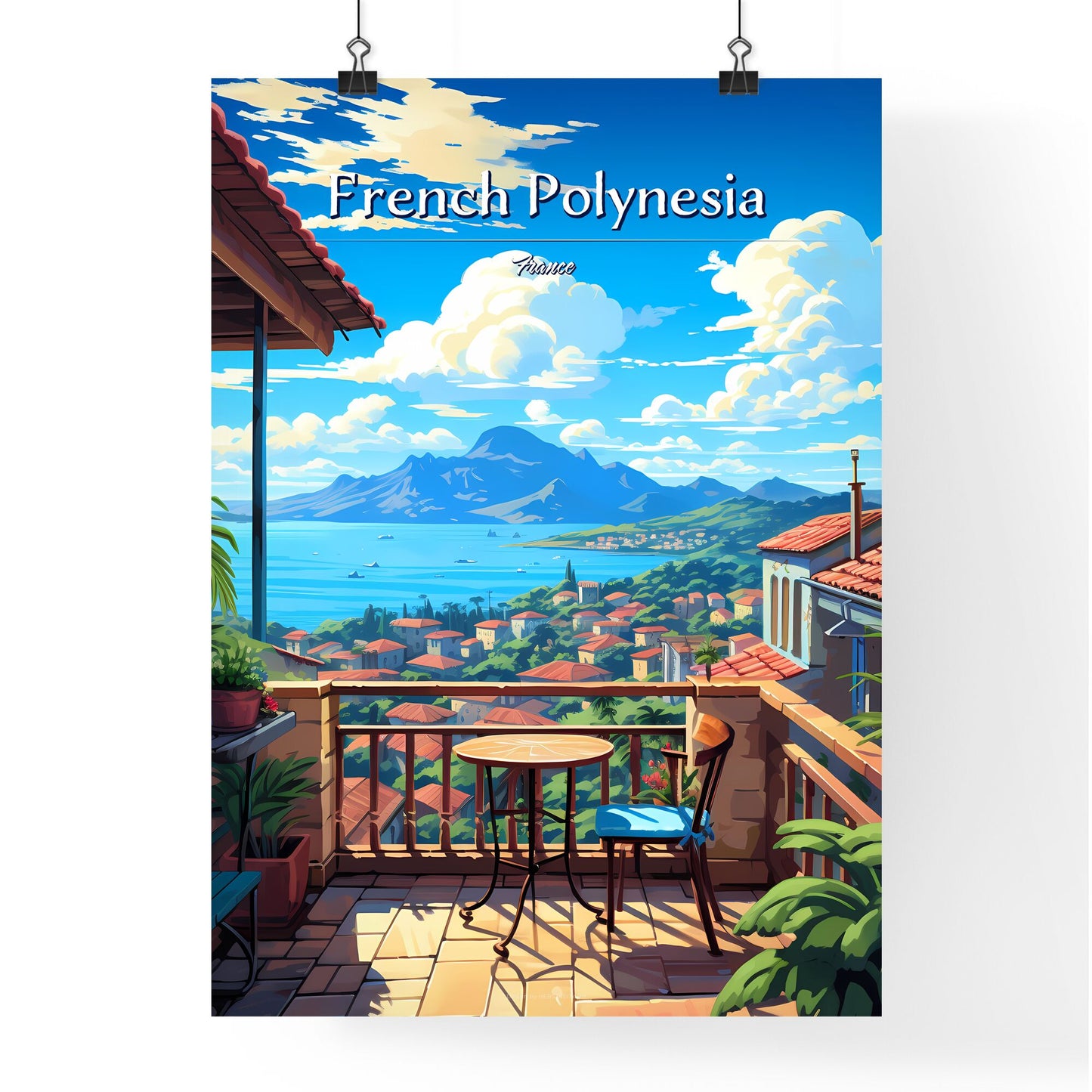 On the roofs of French Polynesia, France - Art print of a colorful city street with stairs and buildings Default Title