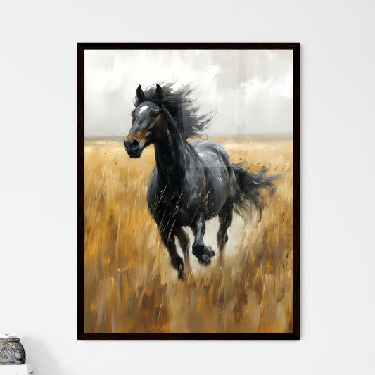 A vintage painting featuring a wild black horse - Art print of a horse running through a field Default Title