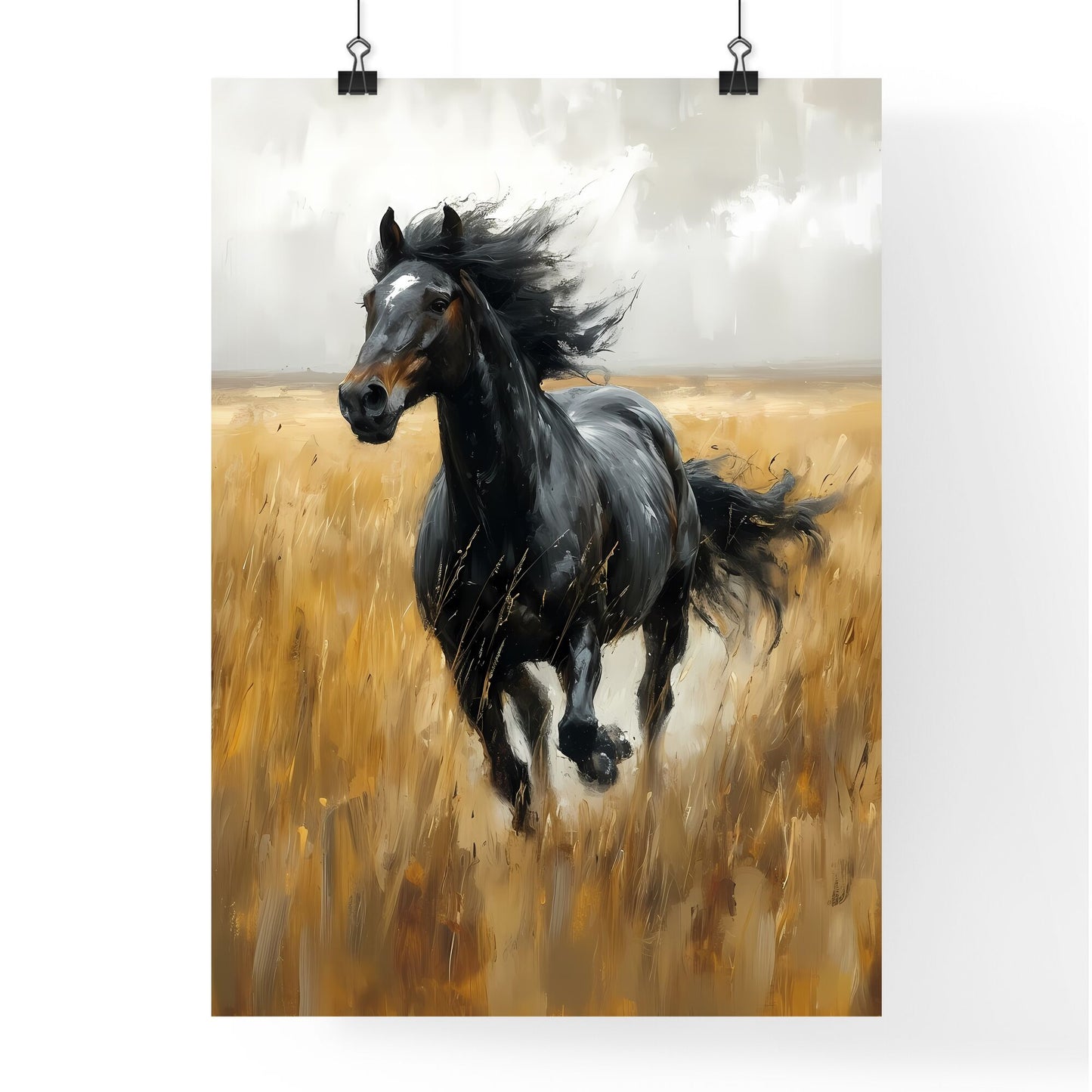 A vintage painting featuring a wild black horse - Art print of a horse running through a field Default Title