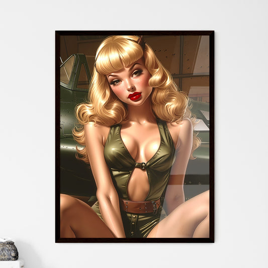 1950's pin up, has blond hair, red lipstick - Art print of a woman in a green outfit sitting on a green plane Default Title