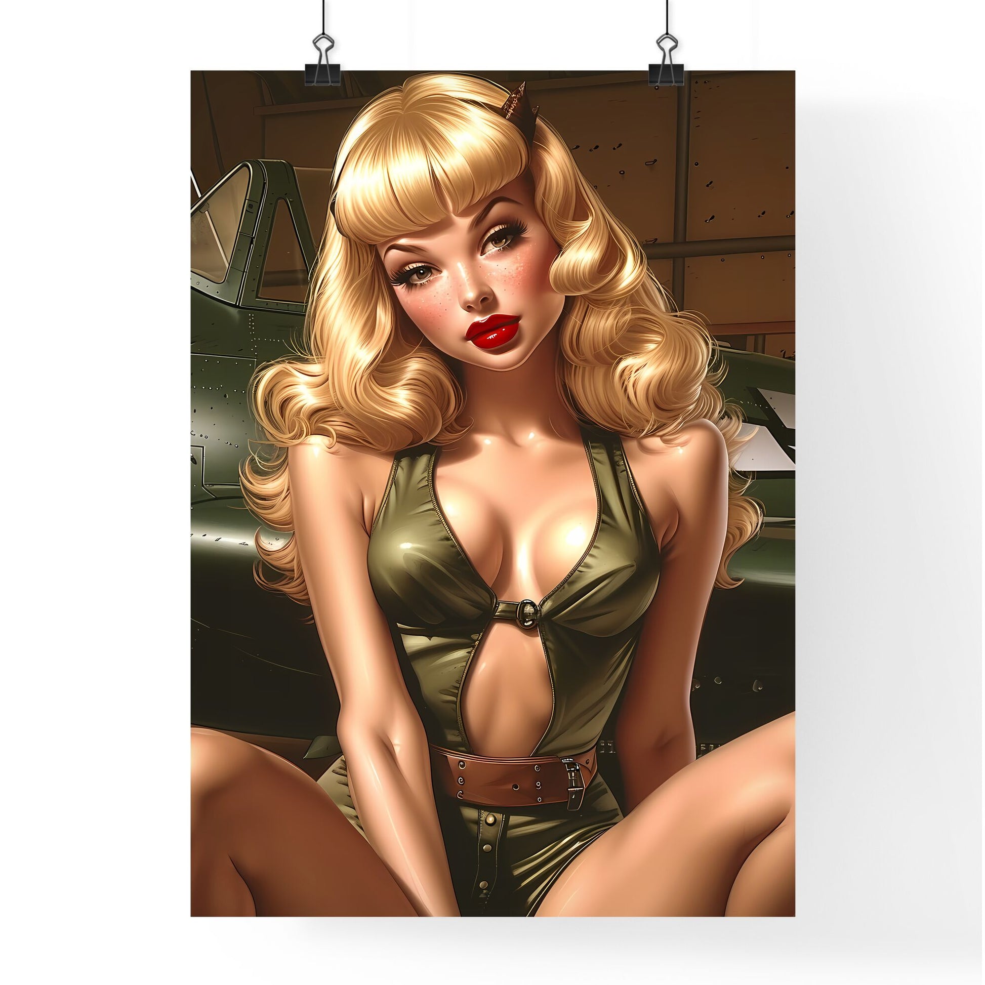 1950's pin up, has blond hair, red lipstick - Art print of a woman in a green outfit sitting on a green plane Default Title