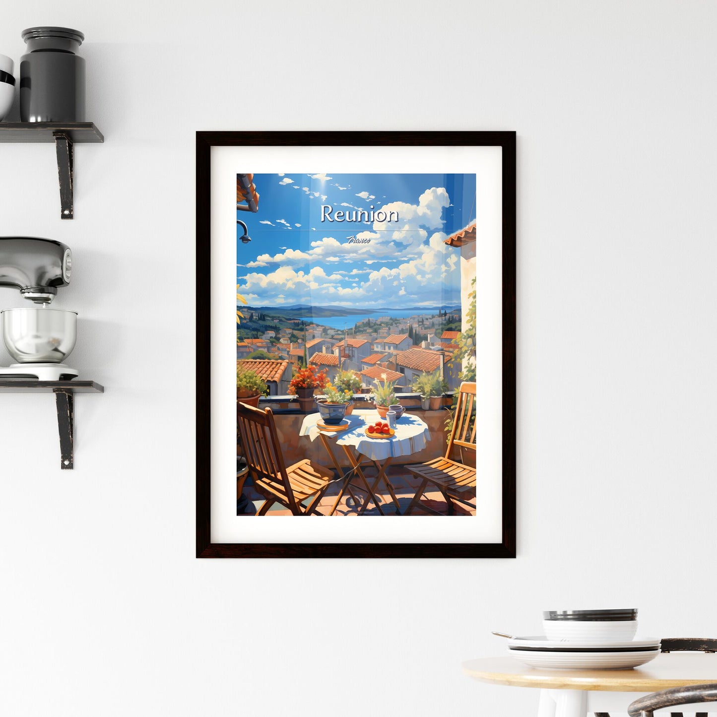 On the roofs of Reunion, France - Art print of a table and chairs on a balcony overlooking a city Default Title