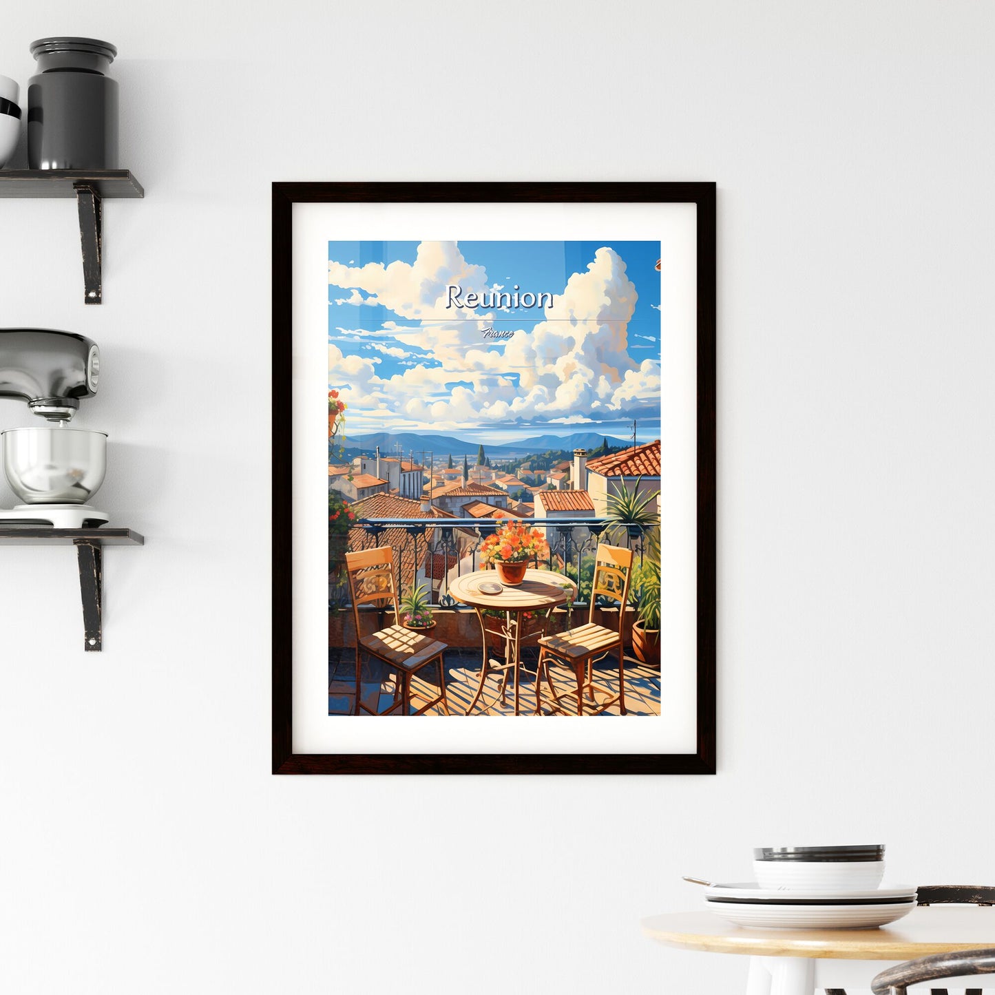 On the roofs of Reunion, France - Art print of a balcony with a table and chairs and a view of the city Default Title
