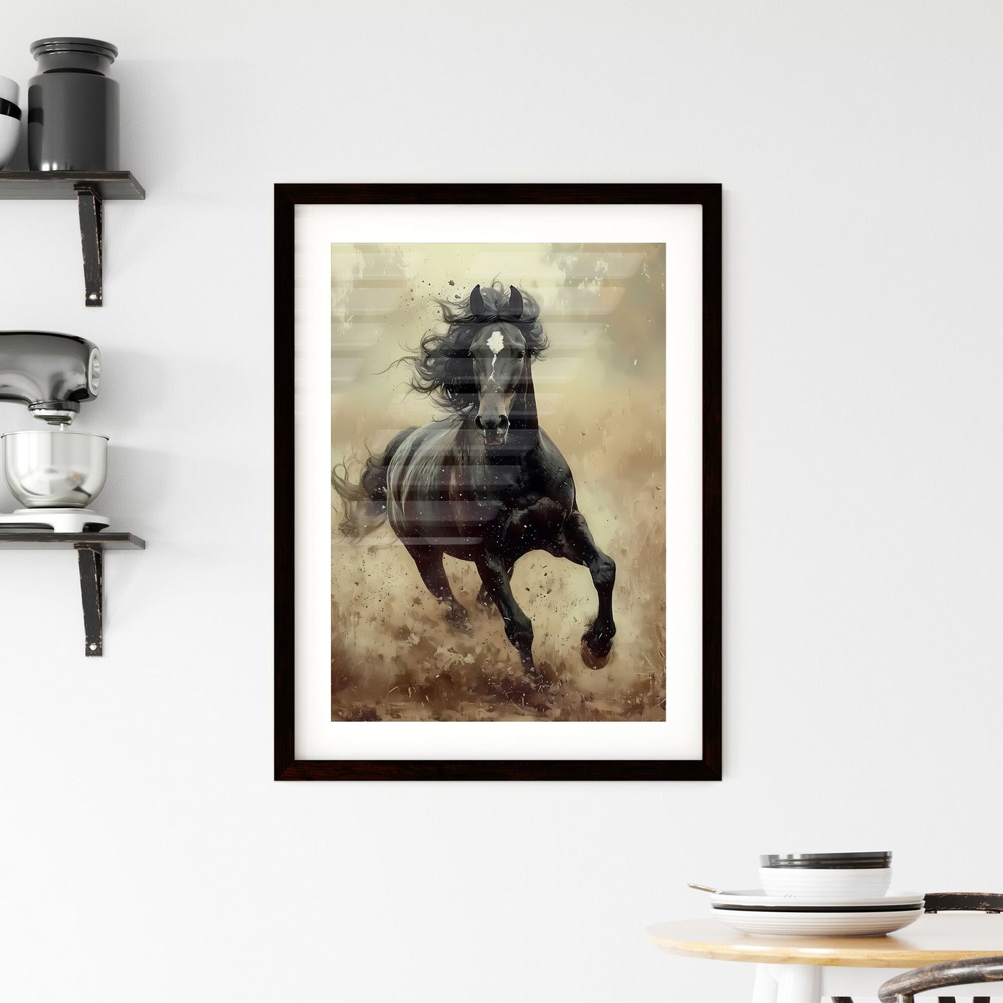 A vintage painting featuring a wild black horse - Art print of a black horse running in a field Default Title