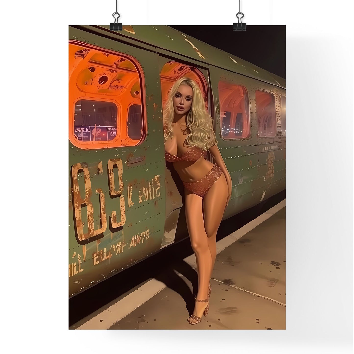 Gorgeous world war 2 era pin up Japanese woman painted on the side of a b52 bomber plane - Art print of a woman in a garment leaning on a train Default Title
