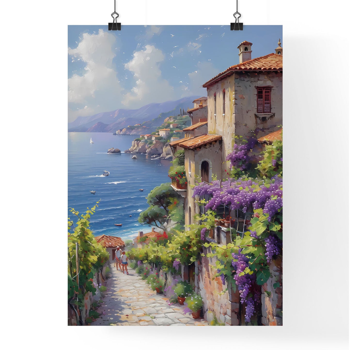 A picture of a Sicilian vineyard - Art print of a painting of a town by the sea Default Title