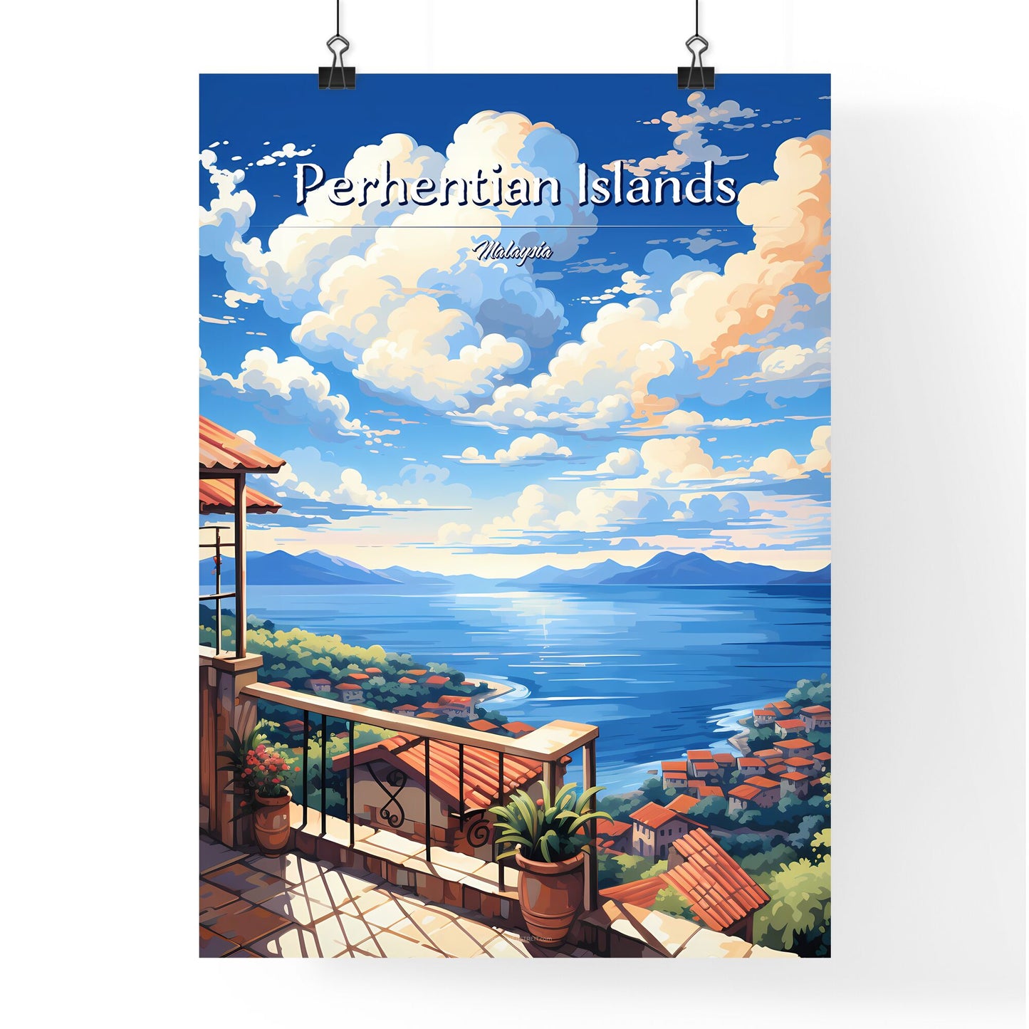 On the roofs of Perhentian Islands, Malaysia - Art print of a painting of a house overlooking a body of water Default Title