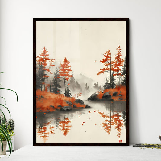 Watercolor tilable paper with christmas trees - Art print of a river with orange trees and rocks Default Title