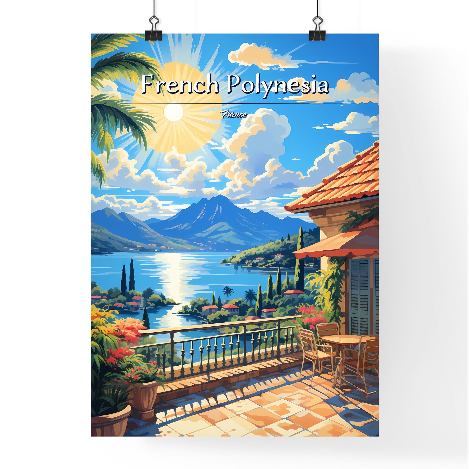 On the roofs of French Polynesia, France - Art print of a painting of a house overlooking a body of water and mountains Default Title