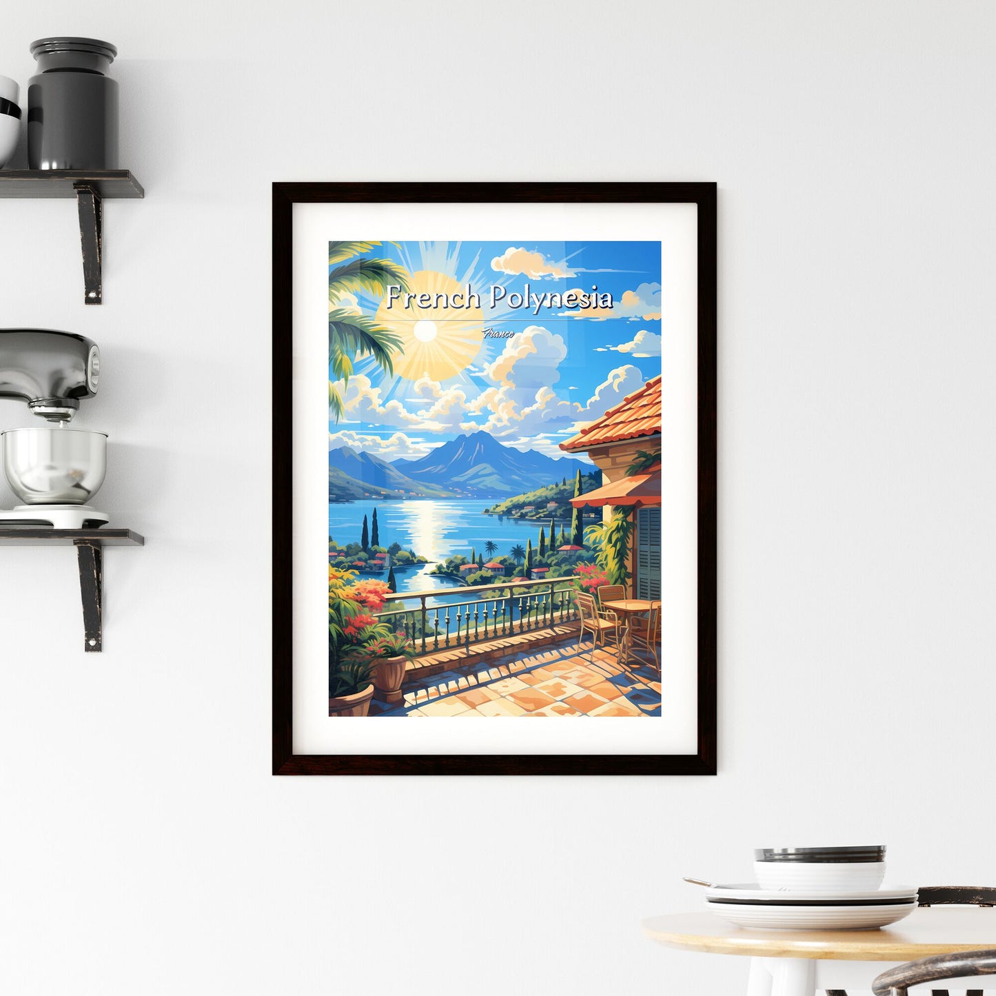 On the roofs of French Polynesia, France - Art print of a painting of a house overlooking a body of water and mountains Default Title