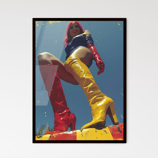 A minimalist smiley, pastel colors - Art print of a woman wearing red and yellow boots and blue top Default Title