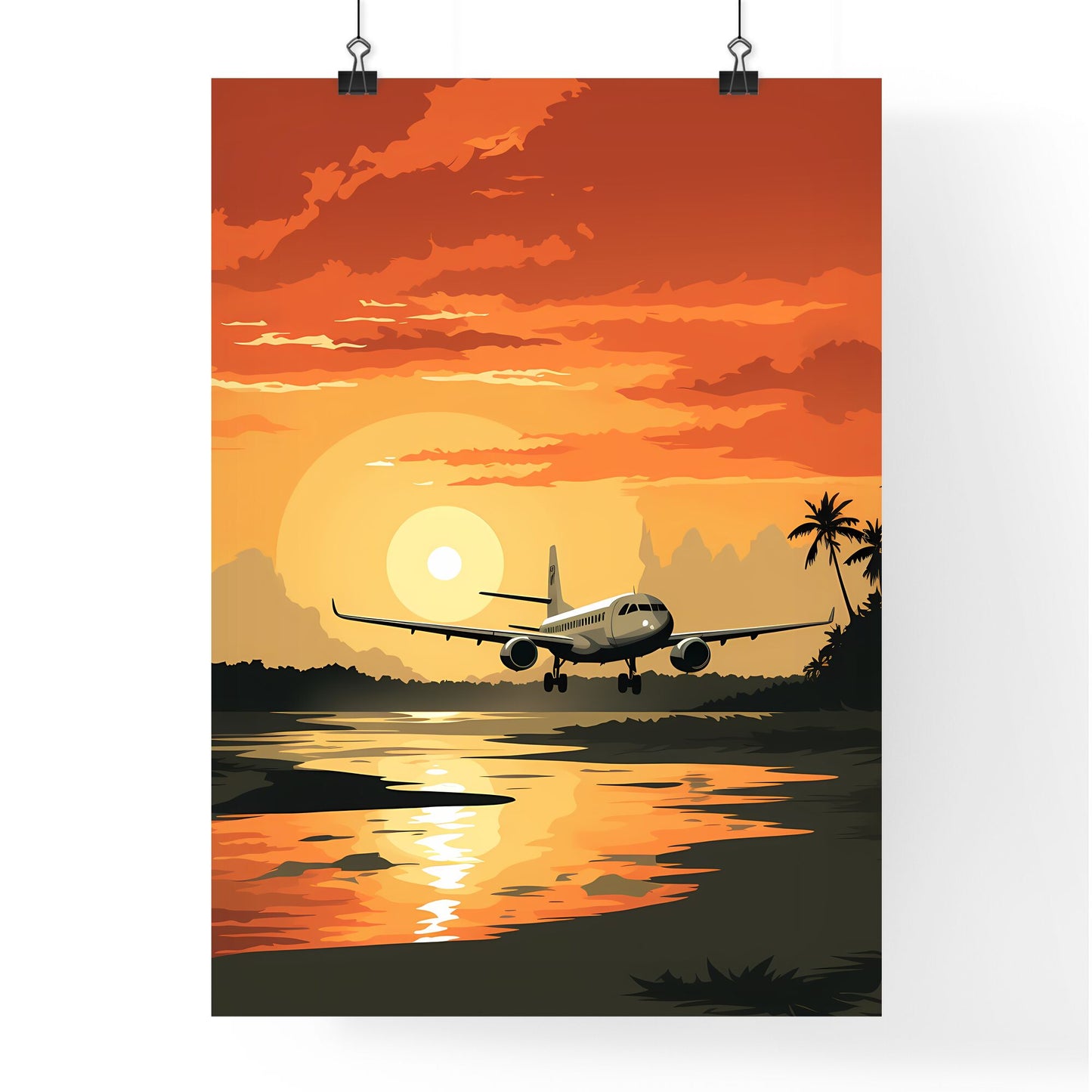 Travel abroad illustration - Art print of an airplane taking off at sunset Default Title