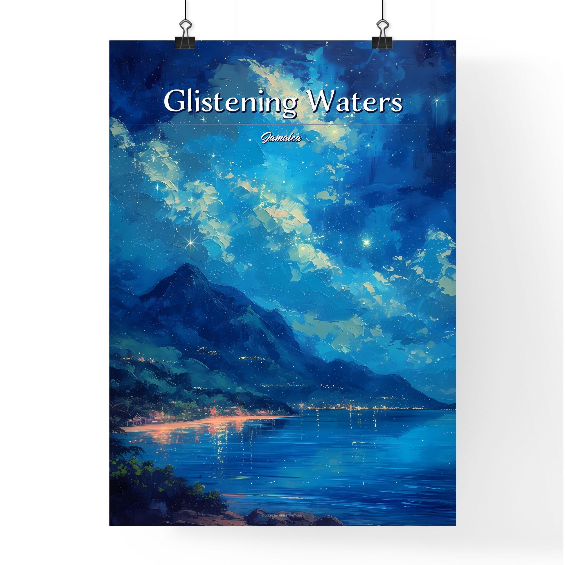 Glistening Waters Luminous Lagoon, Jamaica - Art print of a painting of a mountain and a body of water Default Title