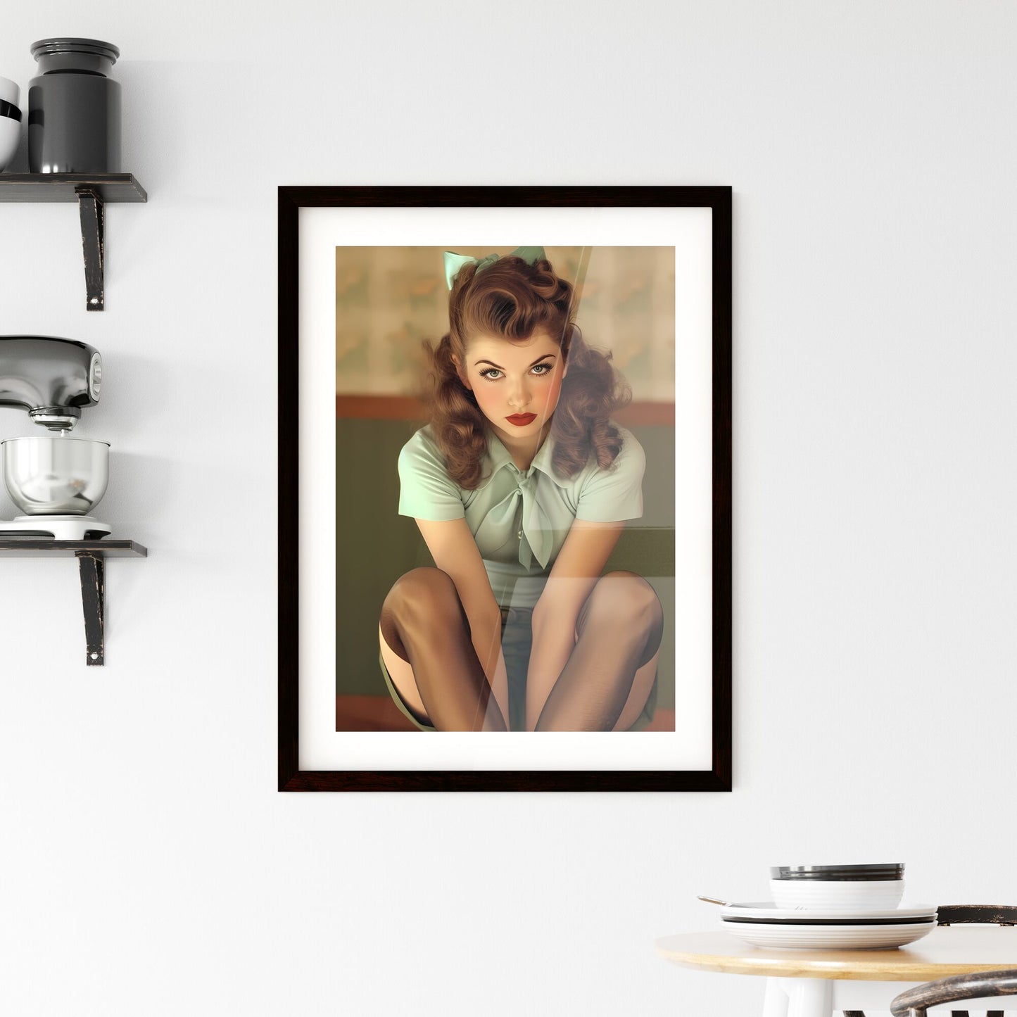 Pin up style, beautiful composition - Art print of a woman with a hairdo and a bow on her head Default Title