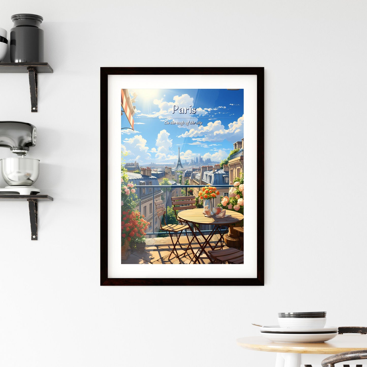 On the roofs of Paris - Art print of a balcony with a table and chairs and a view of the eiffel tower Default Title