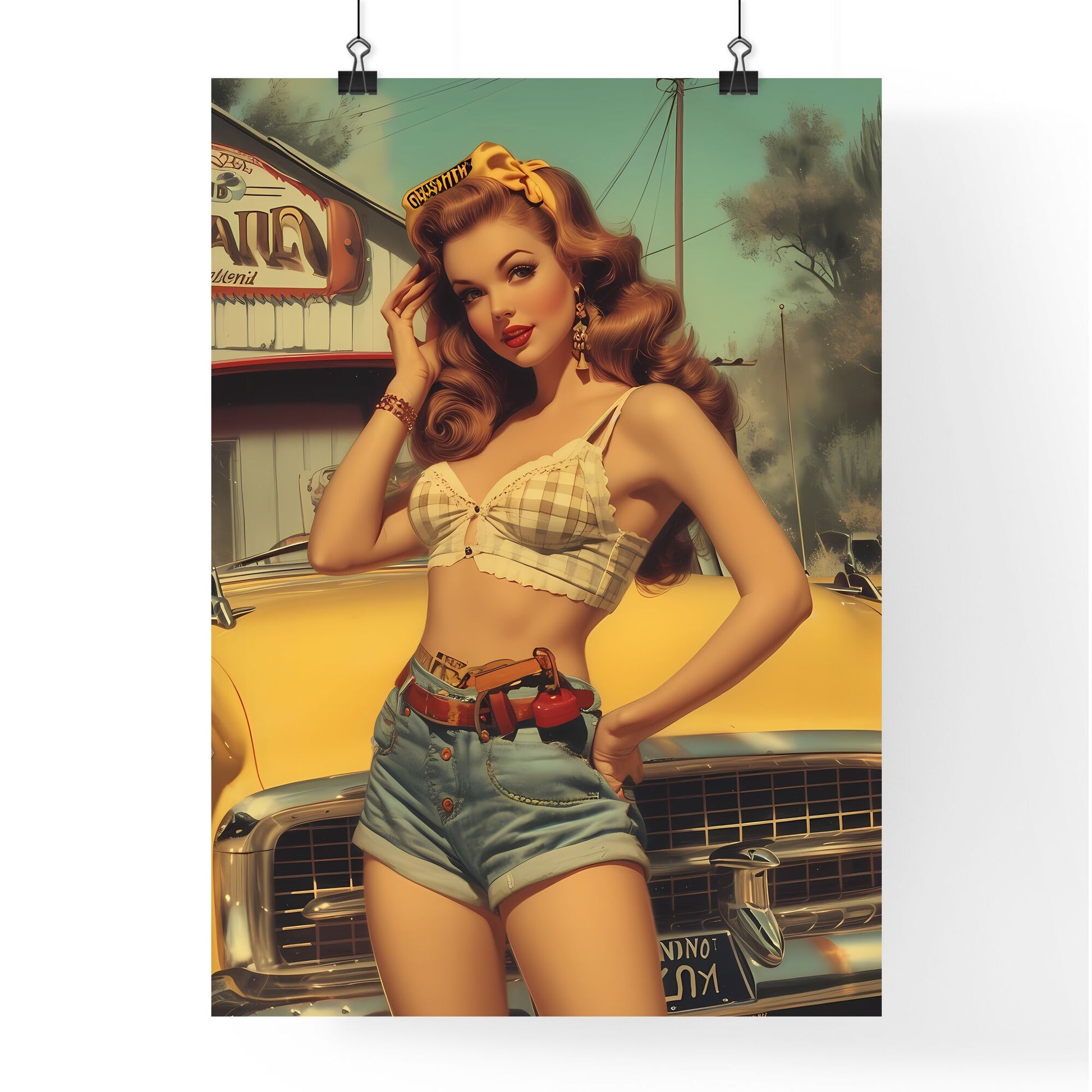 Auto mechanic - Art print of a woman posing in front of a yellow car Default Title