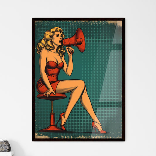 Pin up in 50s style clothes girl sitting with megafon and shouting - Art print of a woman sitting on a stool with a megaphone Default Title
