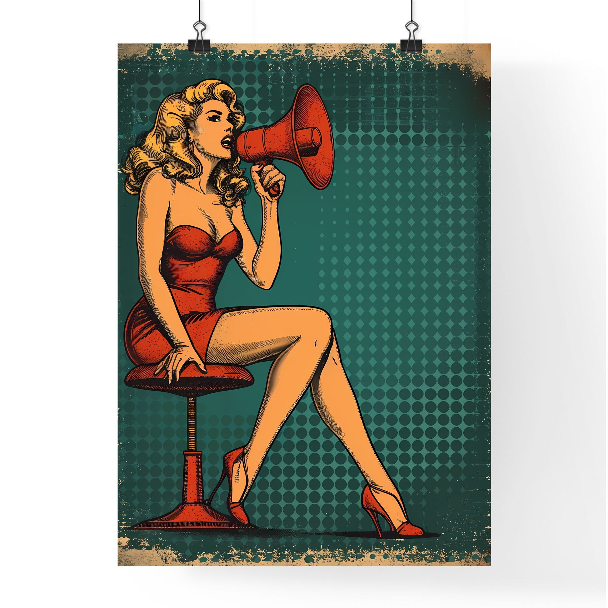 Pin up in 50s style clothes girl sitting with megafon and shouting - Art print of a woman sitting on a stool with a megaphone Default Title