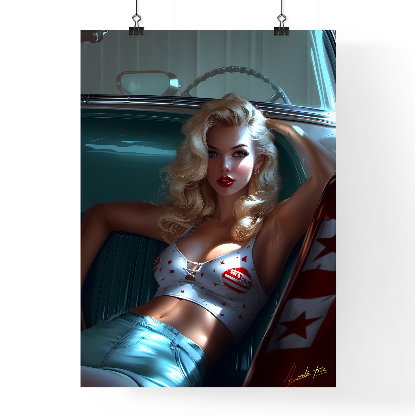 Pin up art TopEngineering Student from Cal Tech - Art print of a woman lying in a car Default Title